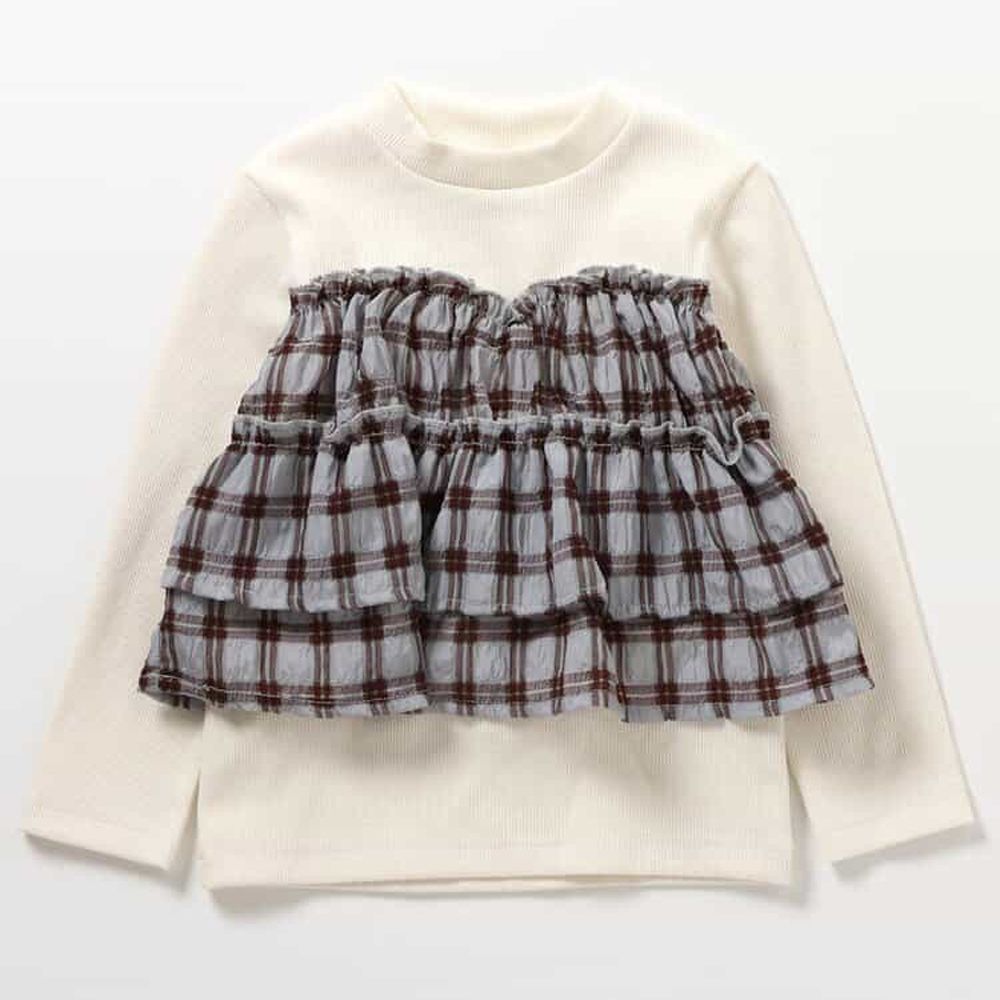 時尚拼接皺摺格紋長袖上衣-象牙白x灰