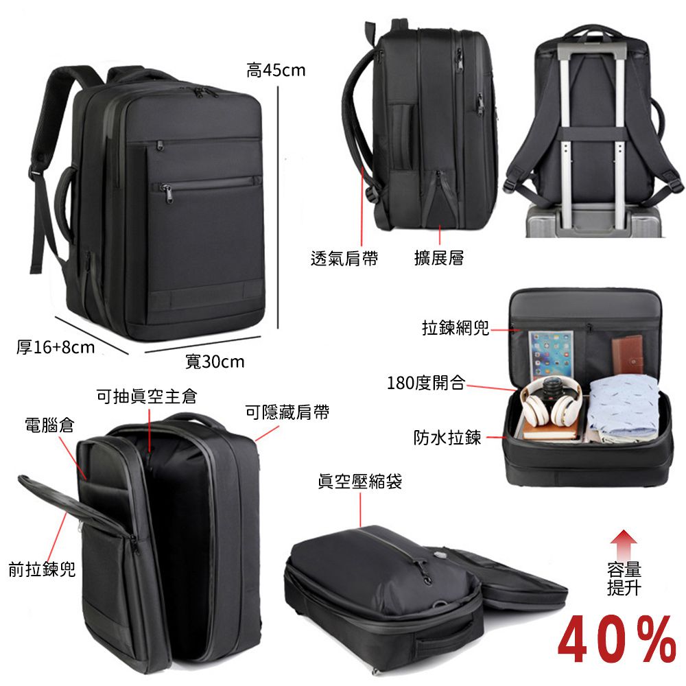 抽真空旅行雙肩包/防潑水多功能登機包/180度開合擴充容量後背包(無真空泵)-黑