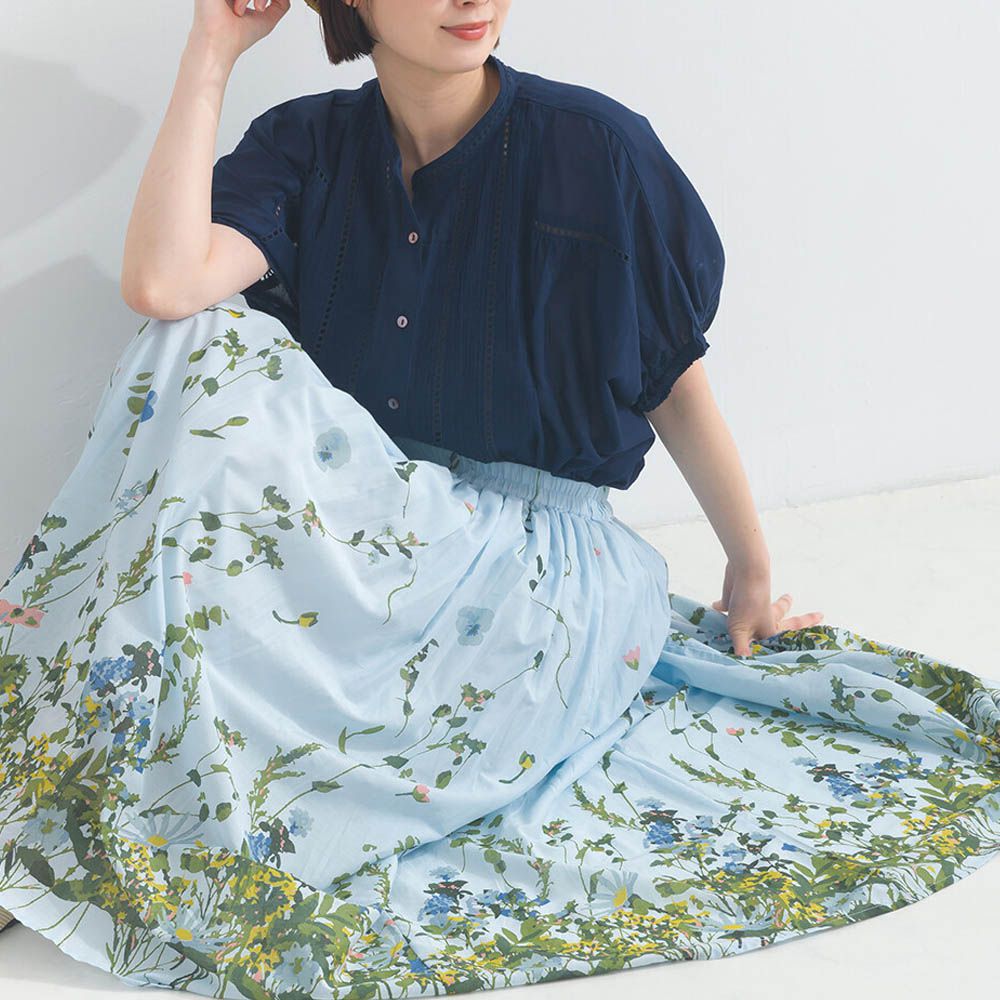 100%印度棉 清新印花柔軟長裙-花草-水藍