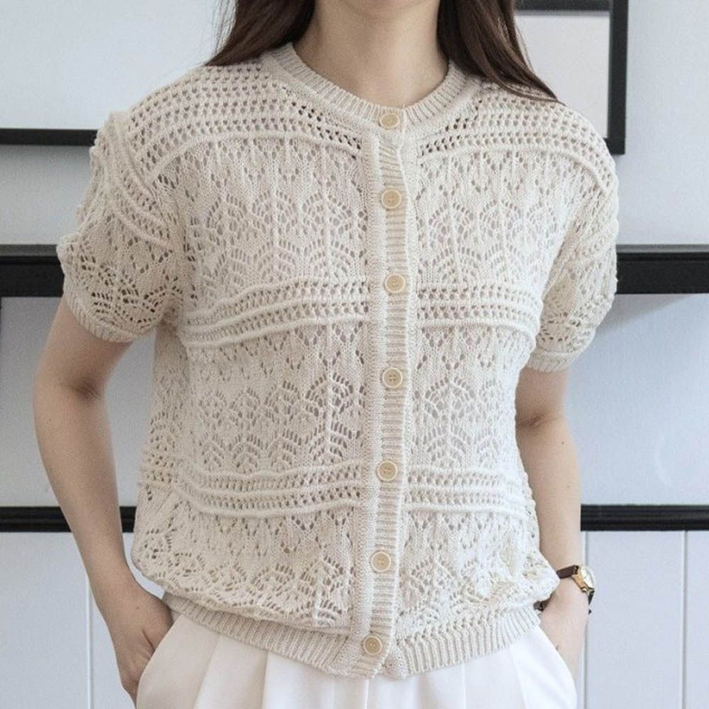 韓製 夏日棉麻編織圖騰短袖針織外套/上衣-燕麥米 (FREE)