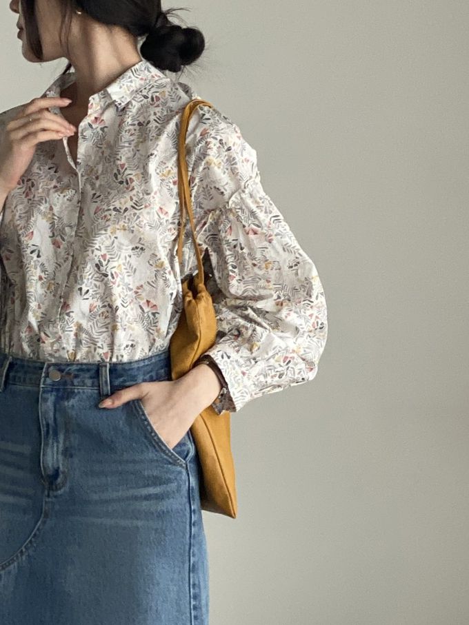 韓國女裝連線 - 花草圖樣翻領拼接長袖襯衫-象牙白 (FREE)