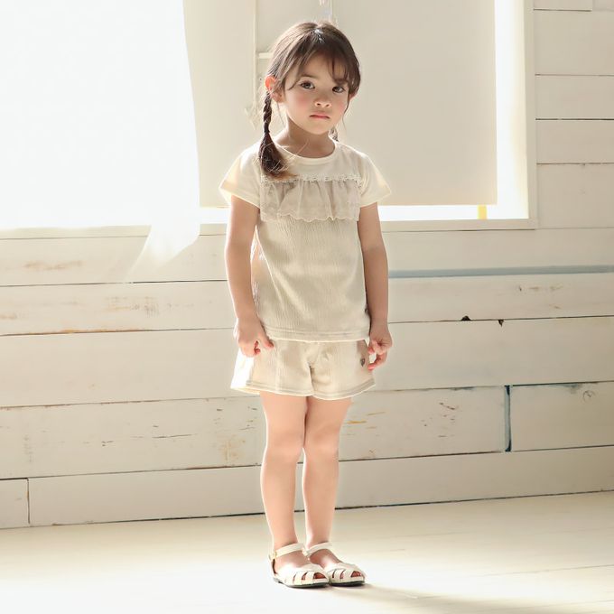 日本 ZOOLAND - 清爽楊柳 假二件蕾絲滾邊短袖上衣-粉紅