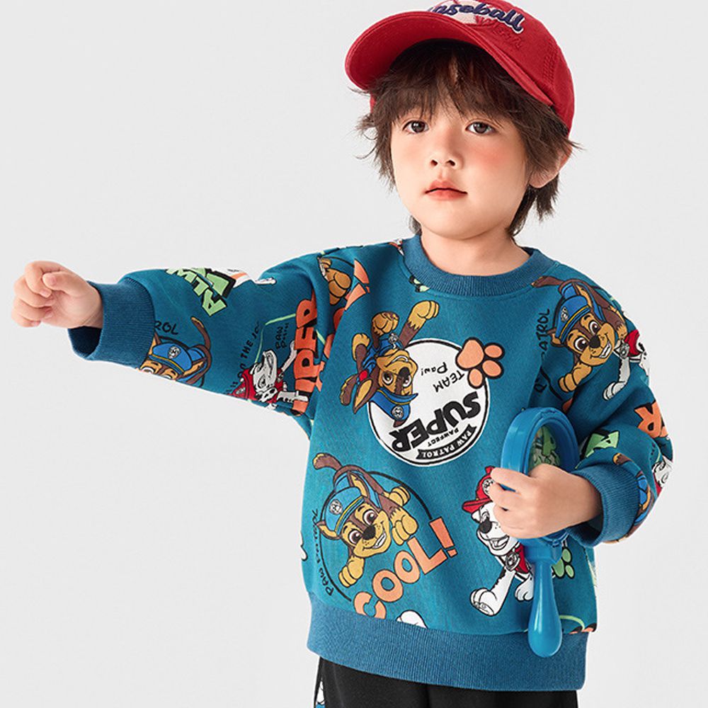 卡通汪汪隊滿版印花長袖上衣/大學T-藍綠