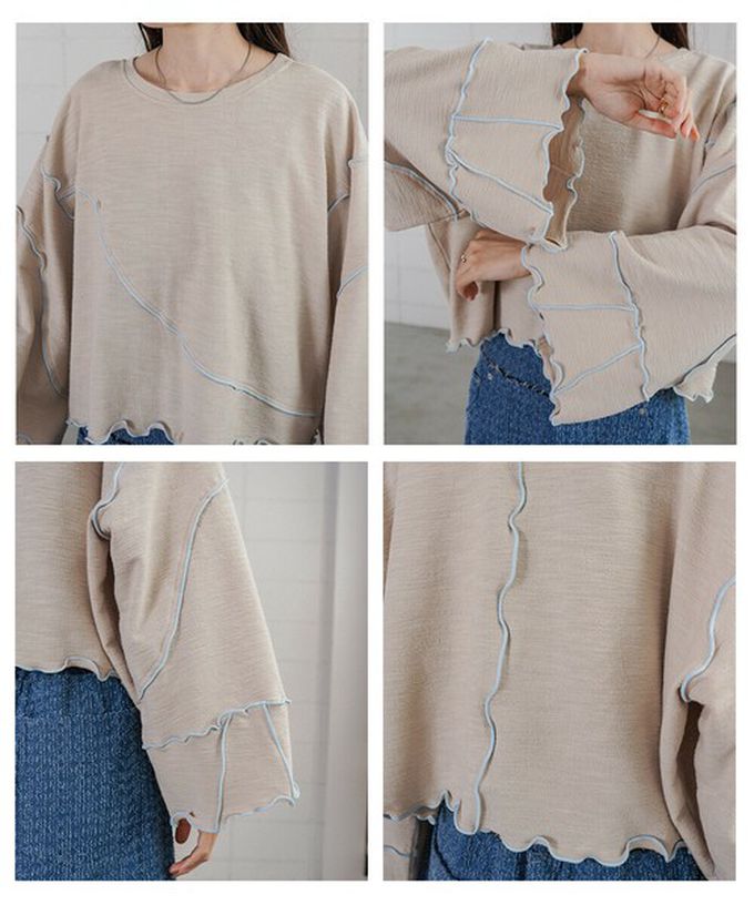 日本 Bab - 活力跳色感木耳邊大寬袖上衣-灰x淺黃