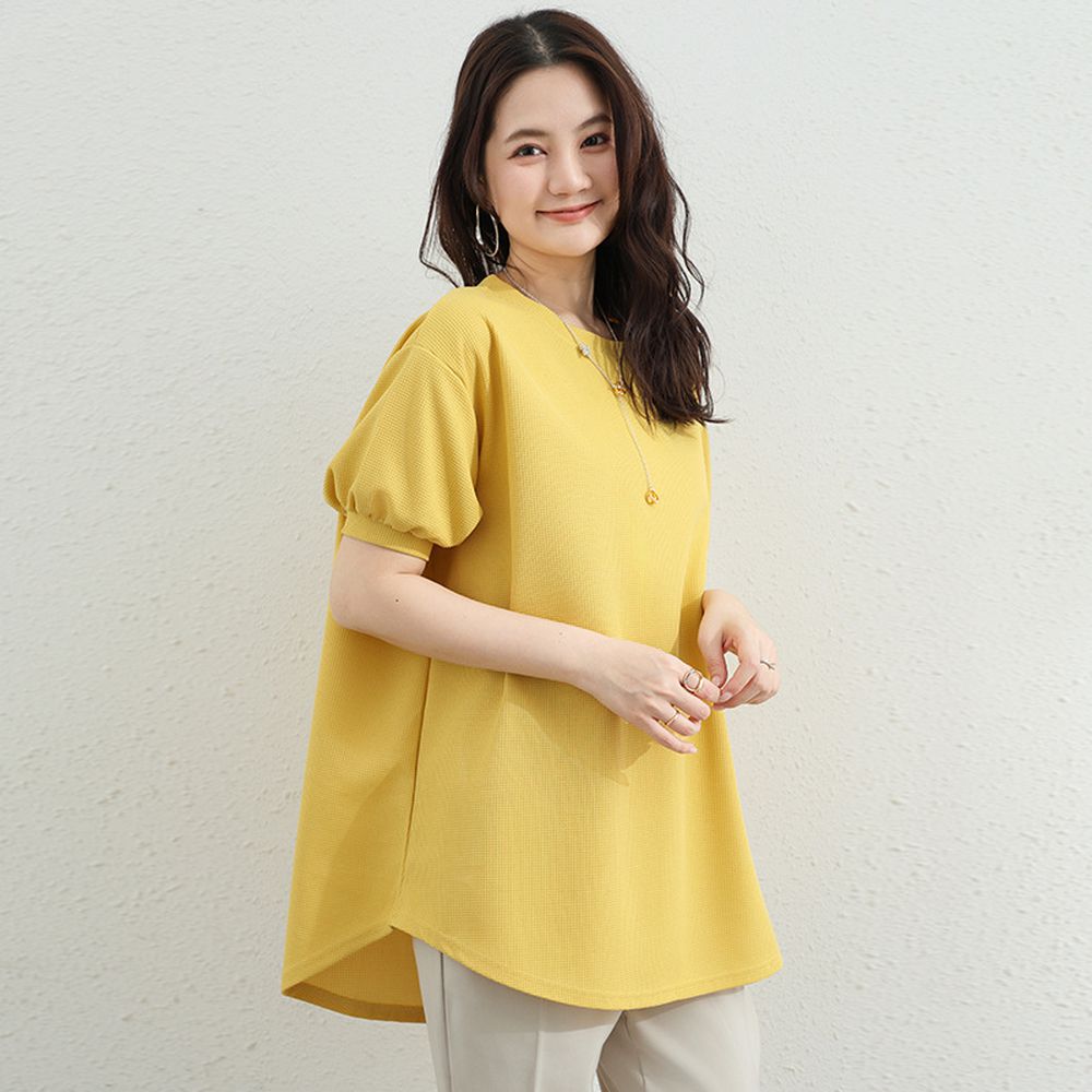 甜美華夫格燈籠袖長版上衣-薑黃色 (F)