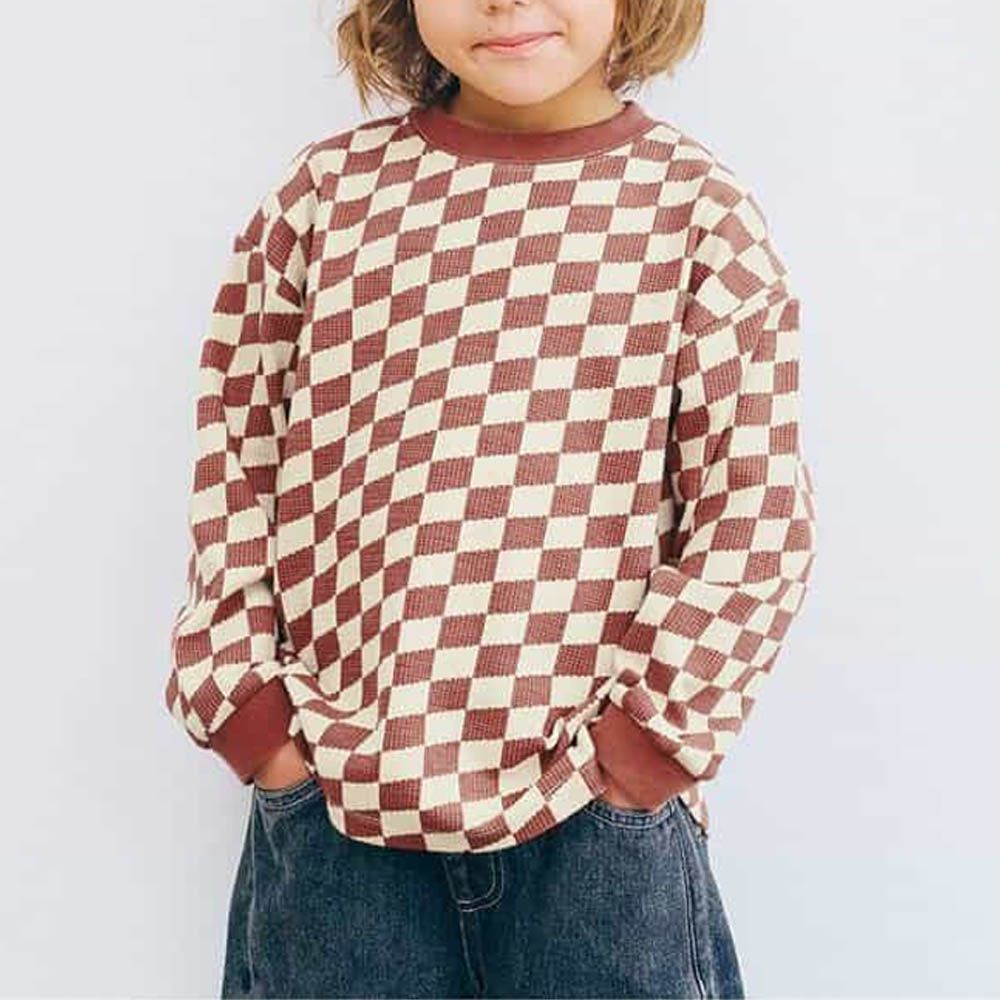 華夫格木耳邊設計感印花長袖上衣-格子-磚紅X白