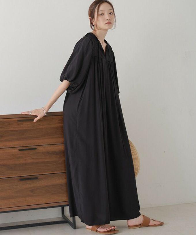 日本 Bab - 領口休閒綁帶泡泡短袖洋裝-經典黑 (M)