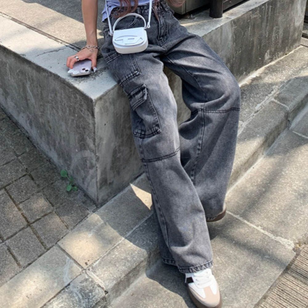 工裝風刷色寬版廓形牛仔褲-黑