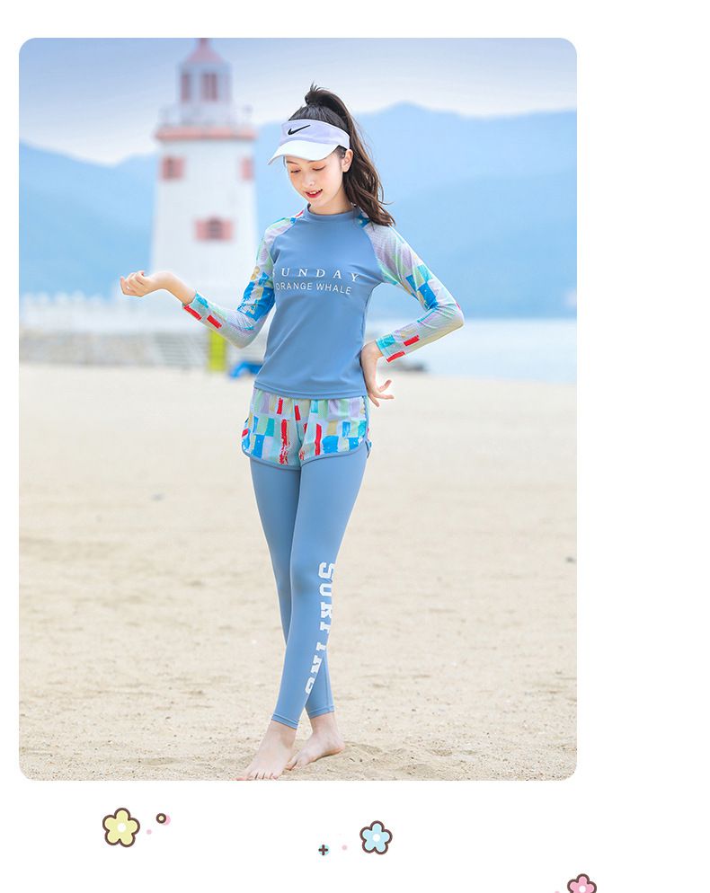 大童女孩速乾長袖泳衣套裝(三件組)-繽紛幾何-藍色-泳衣、長泳褲、短泳褲