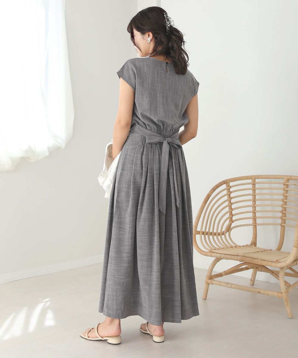 日本 Bab - 顯瘦剪裁收腰法式袖洋裝-石墨灰