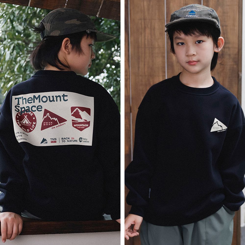 保暖加絨長袖上衣/大學T-山系休閒印花-黑色