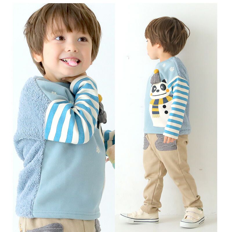 日本 ZOOLAND - 童趣印花圓領長袖上衣-熊貓雪人-條紋x鵝黃