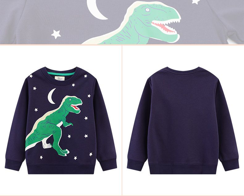 Jumping meters - 夜光圓領棉質長袖上衣/大學T-月亮暴龍-深藍色