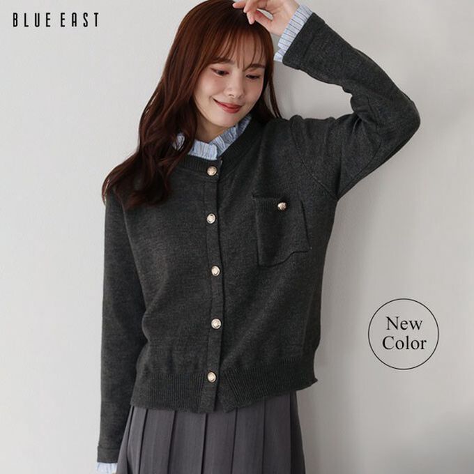 日本 BLUE EAST - 甜心假二件荷葉領金扣開襟衫-深咖啡 (M)