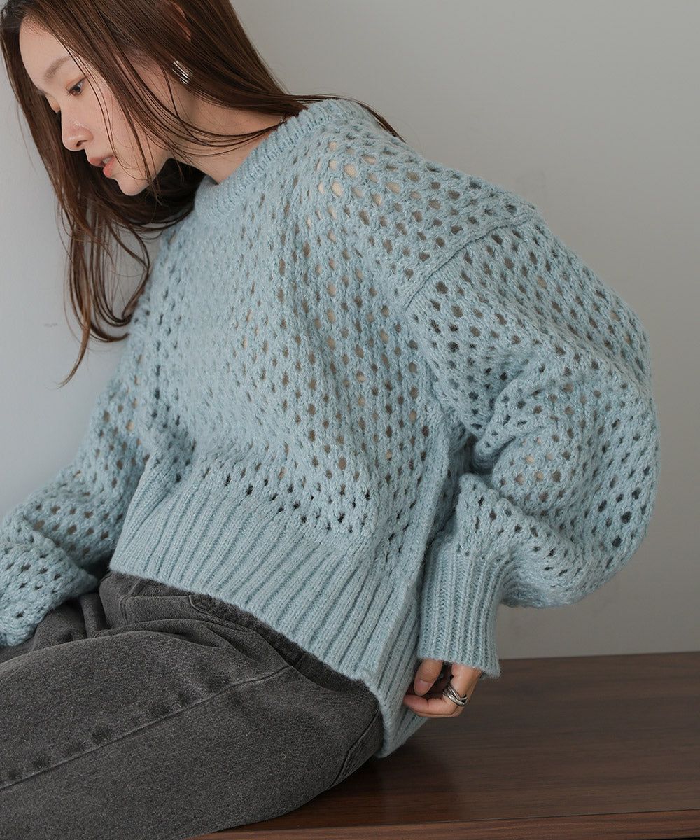 日本 Bab - 混羊毛設計感網格針織上衣-摩卡