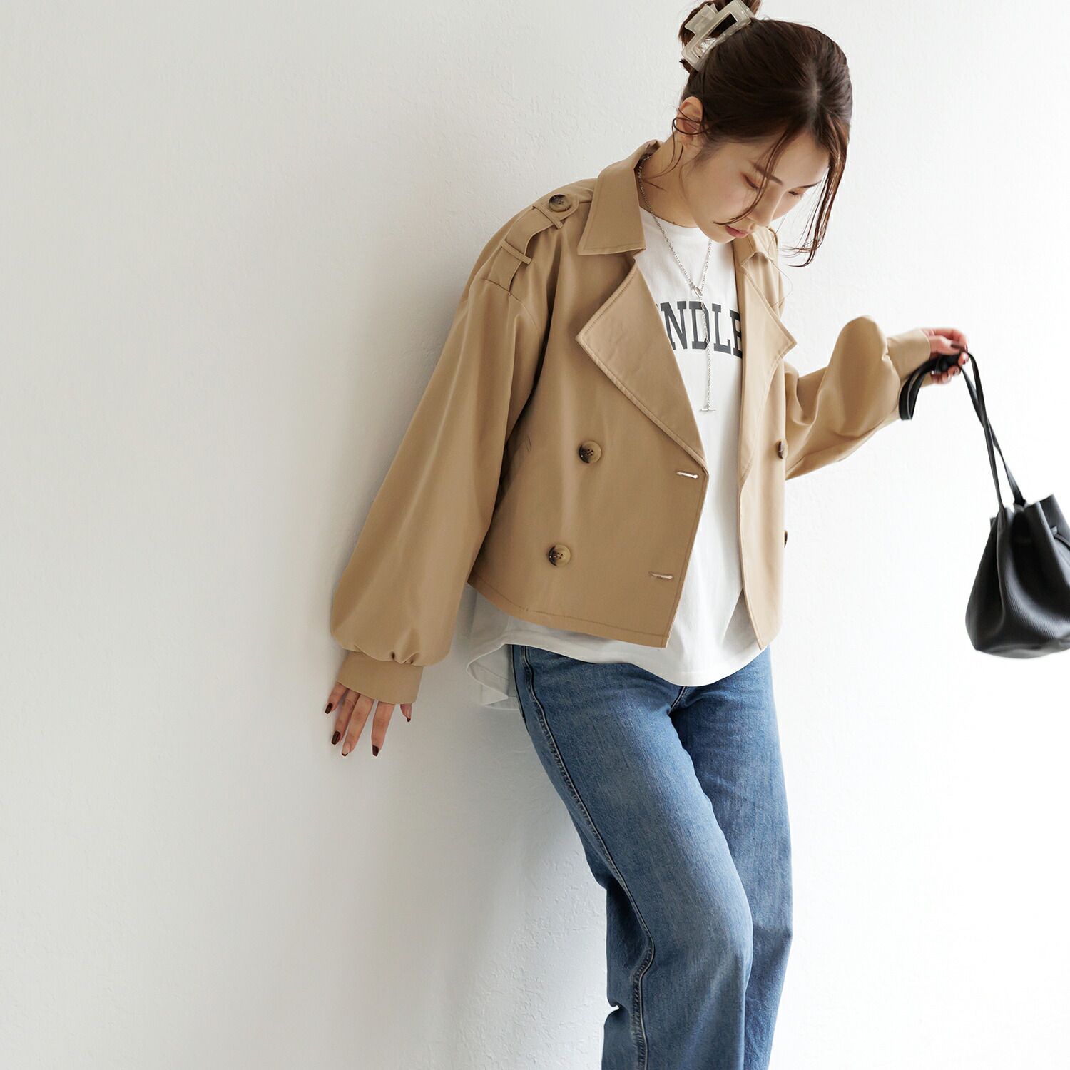 日本 ihuu - 肩緞帶騎士風短版風衣外套-淺軍綠