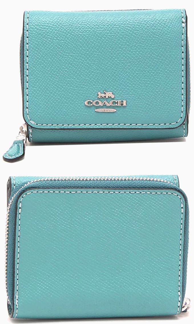 COACH - 馬車LOGO素面皮革零錢短夾 (藍綠)