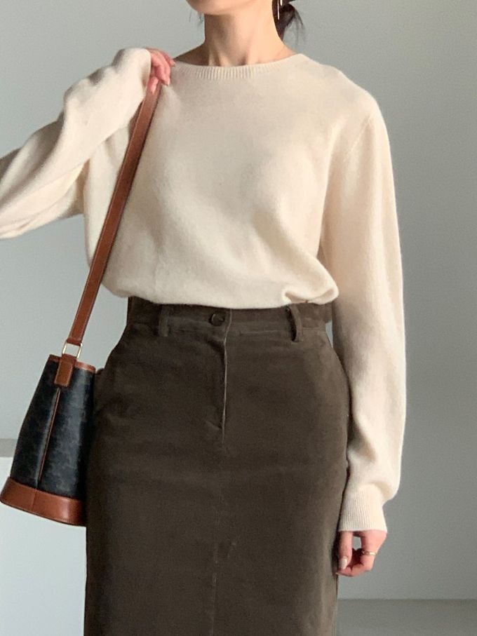 韓國女裝連線 - 薄燈芯絨直筒後開衩中長裙-摩卡咖