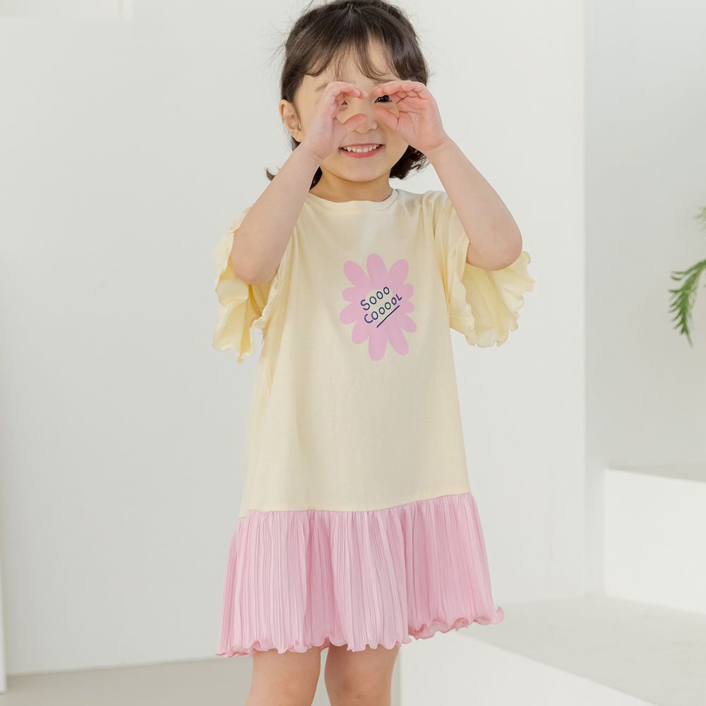 韓國 Orange Mom - 一朵花皺摺裙擺拼接洋裝-鵝黃