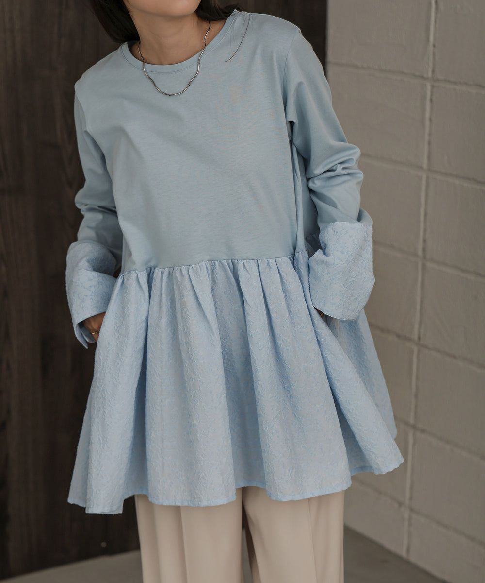 日本 Bab - 優美緹花拼接長袖上衣-水藍