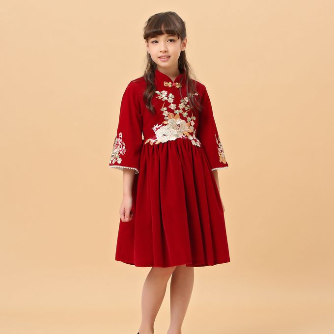 love, charlotte - 氣質中式繡花旗袍領絨面拜年洋裝禮服