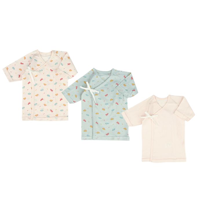 akachan honpo - 長袖新生兒內衣6件組-綁帶款 恐龍-綠色 (肚衣:50cm蝴蝶裝:50~60cm)