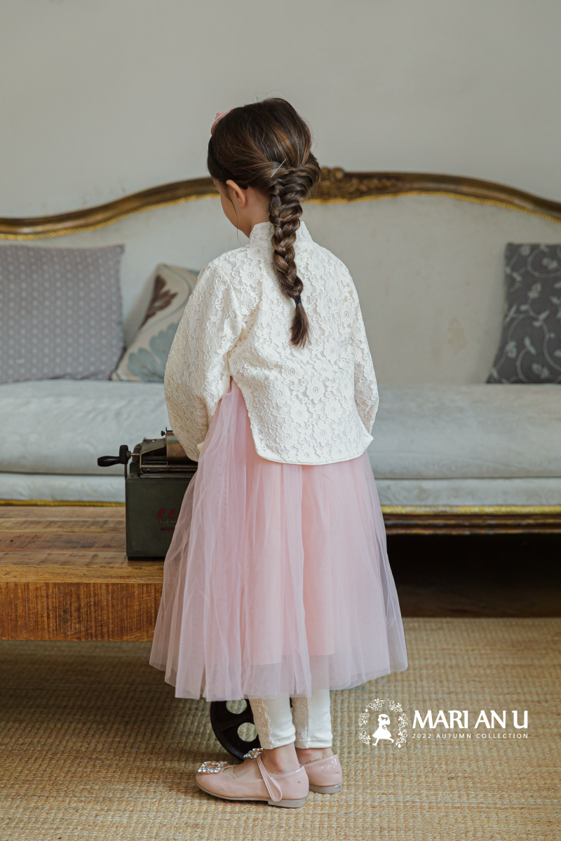 韓國 Mari an u - 兩件式蕾絲雕花網紗韓服-米X粉