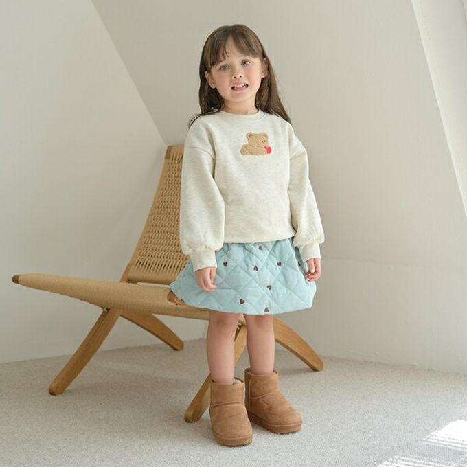 日本 Lycee mine - 可愛相良刺繡裏起毛長袖上衣-愛心小熊-米白