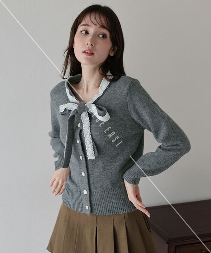 日本 BLUE EAST - 少女爛漫蕾絲蝴蝶結開襟衫-灰