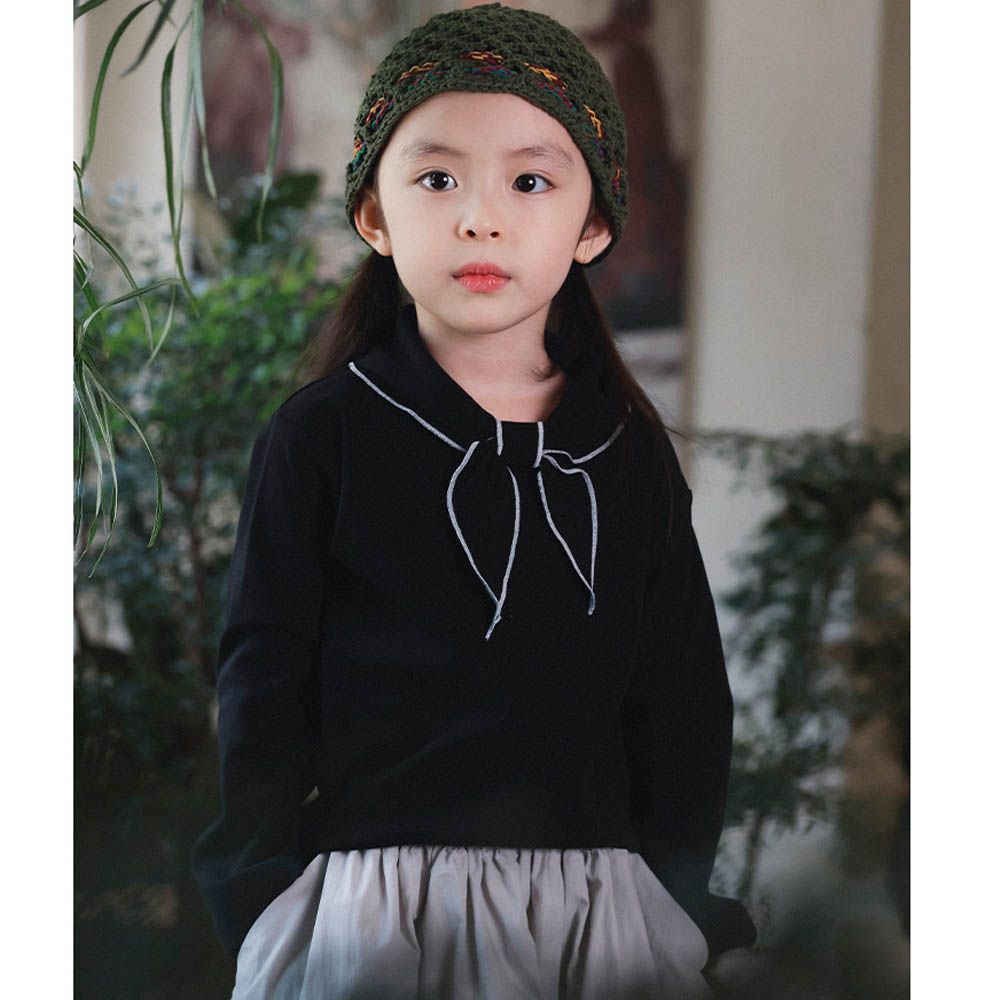 棉質蝴蝶結翻領長袖上衣-黑色