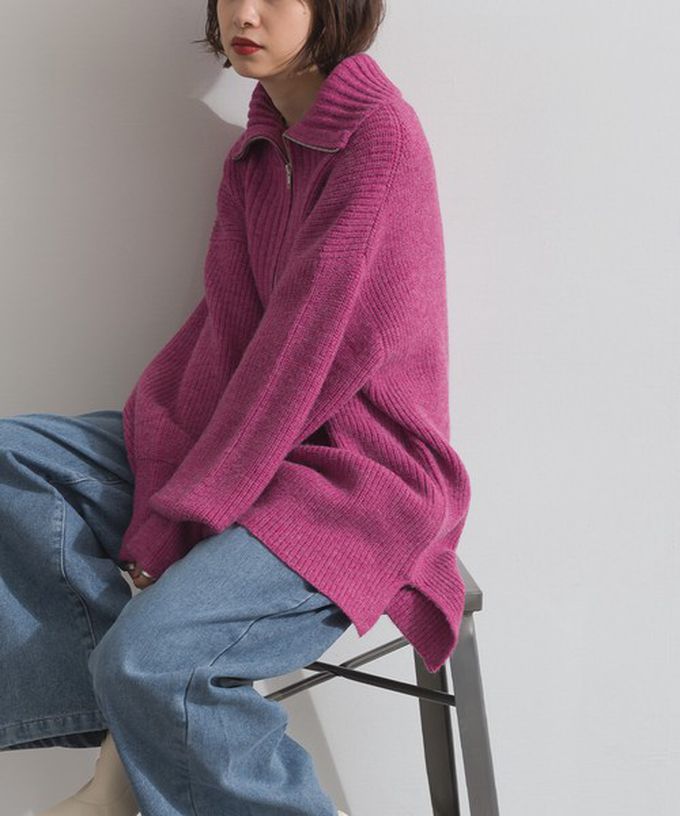 日本 ELENCARE DUE - 優雅線條感半拉鍊長版針織高領上衣-卡其