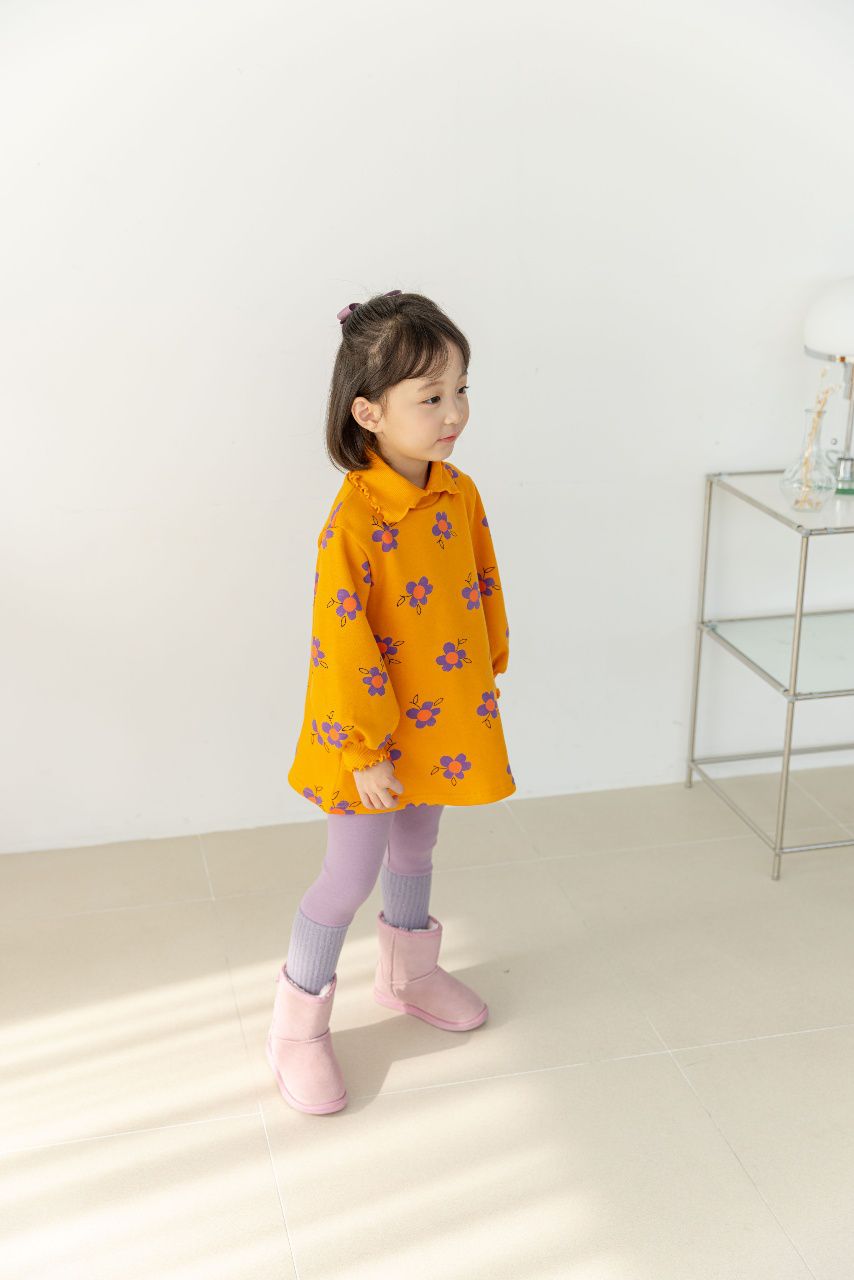 韓國 Orange Mom - 卷卷領可愛花花泡泡袖洋裝-橘黃