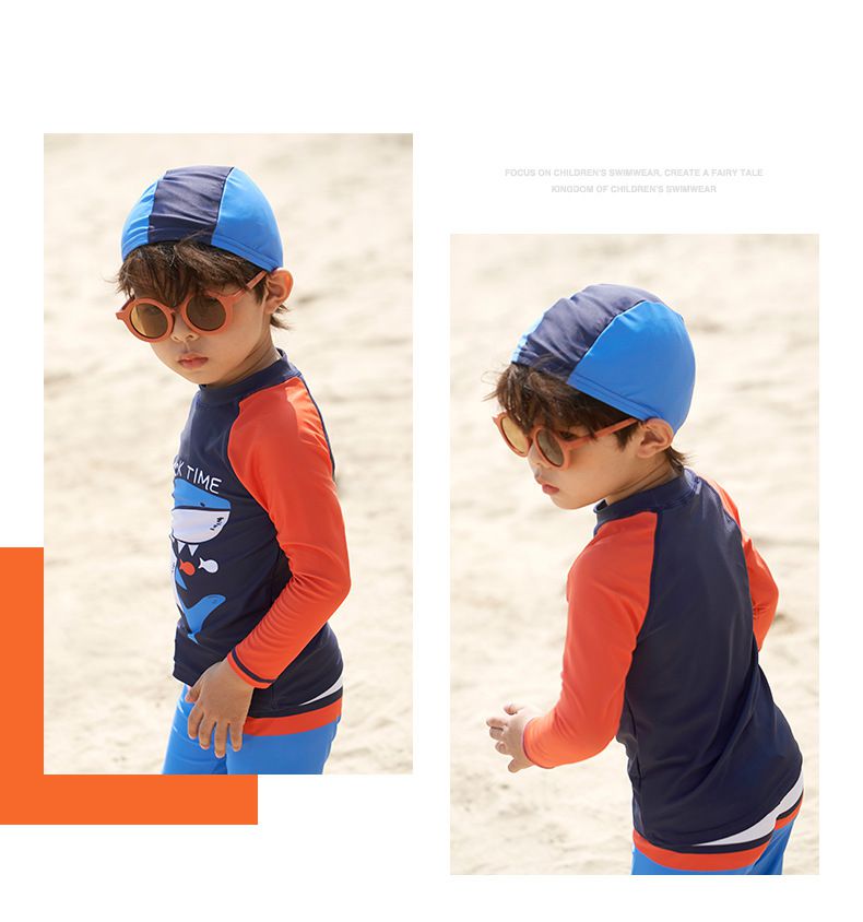 男寶防曬長袖泳裝套裝(附帽子)-鯊魚狩獵-深藍+橘紅