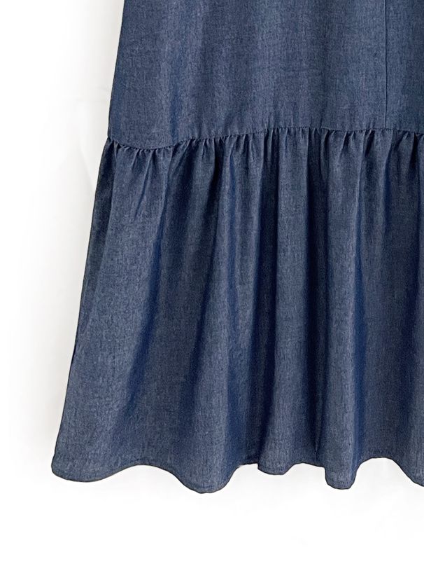 日本 GRL - 文藝少女荷葉領綁帶短袖洋裝-丹寧藍 (F)