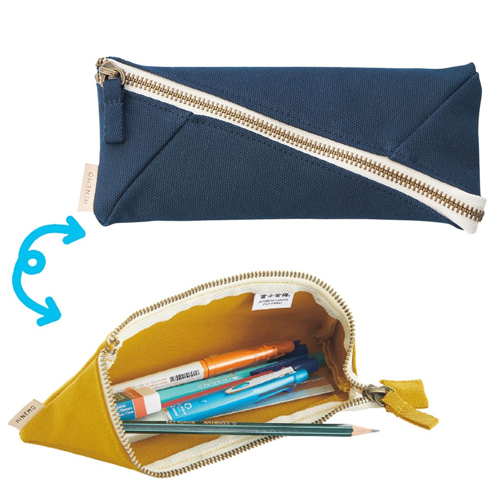 日本文具 LIHIT - 日本國產帆布斜開平攤筆袋/鉛筆盒-藍