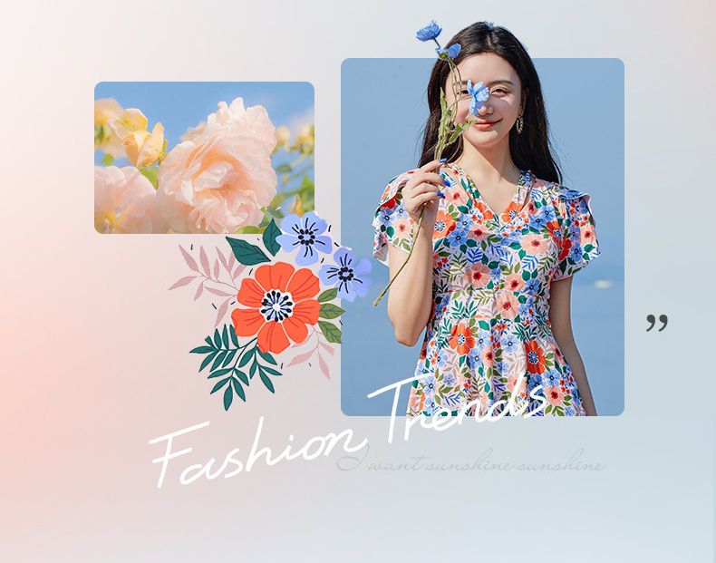 甜美碎花修身顯瘦遮肉連身裙泳衣-滿版花花-深藍+橘