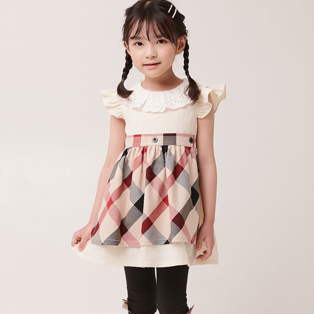 韓國 Coco Bang - 蕾絲領荷葉袖格紋圍裙洋裝-米白