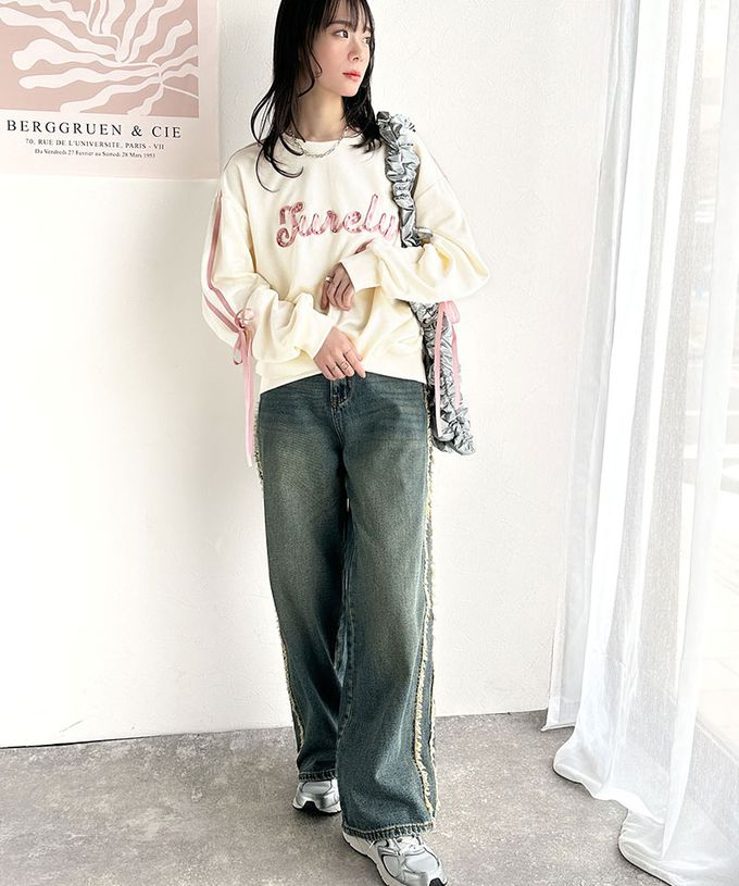 日本 Classical Elf - mily bilet 甜美袖蝴蝶結立體logo上衣-粉緞帶-象牙白