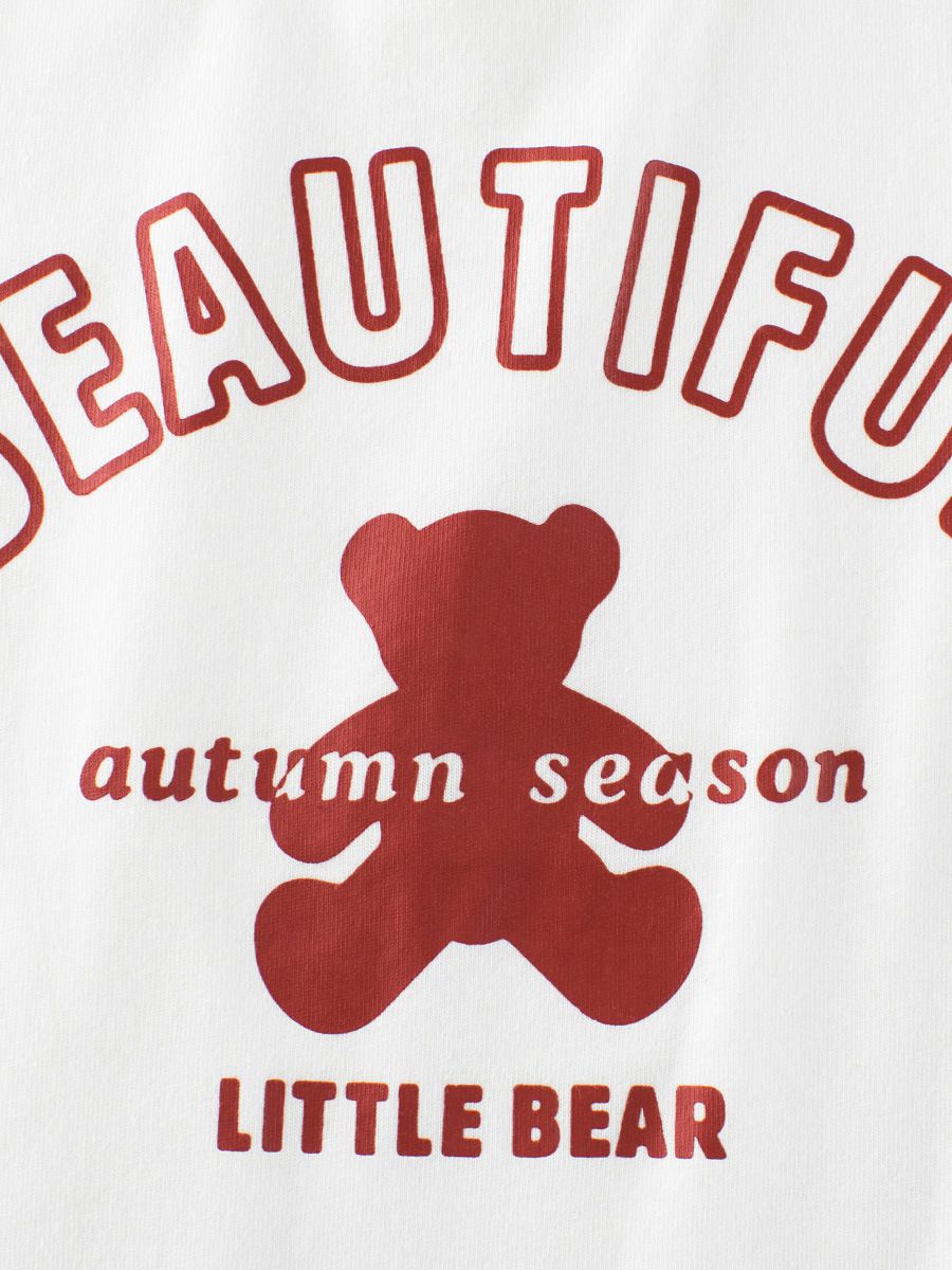 (大童)純棉圓領薄長袖上衣-粉紅熊熊-粉+白