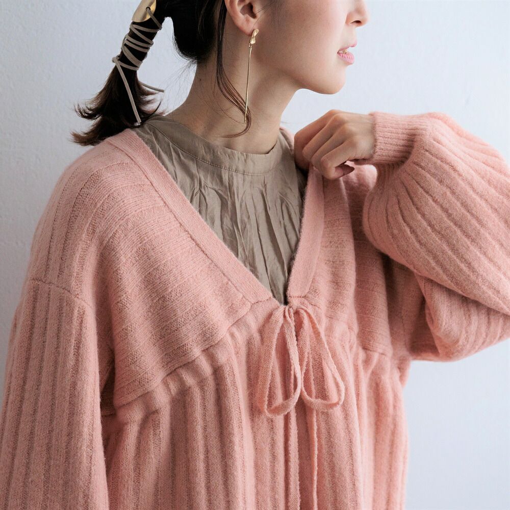 日本 ihuu - 特色綁帶V領針織毛衣-淺灰