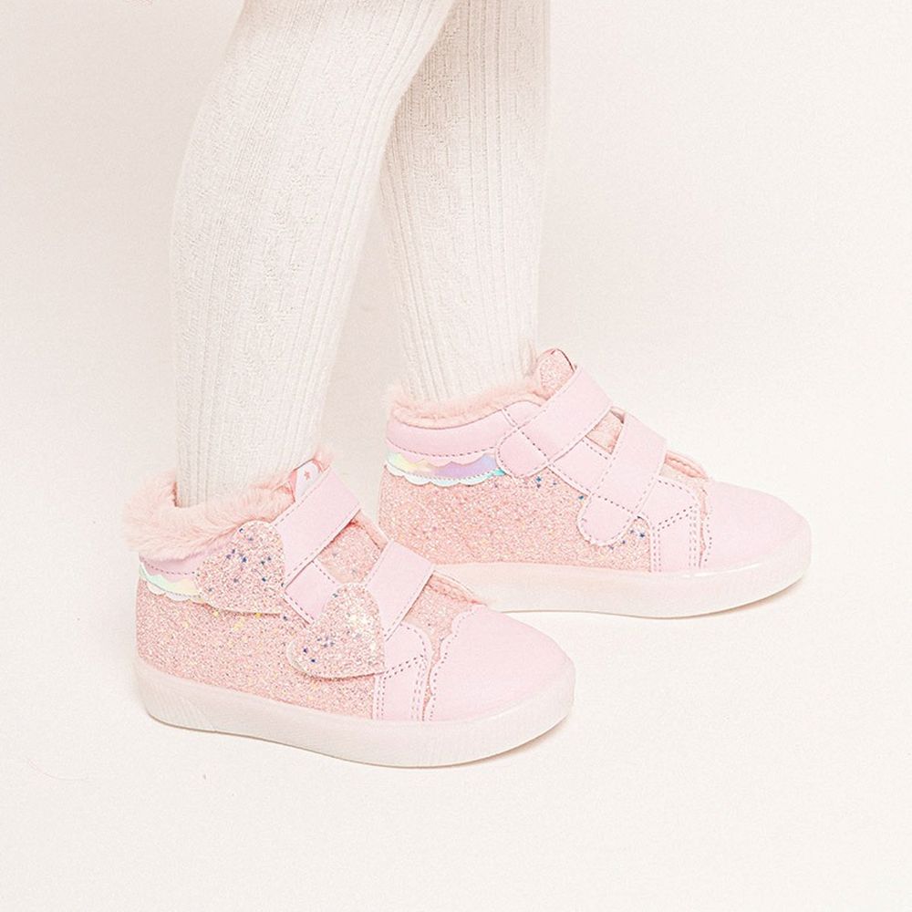 (LED)亮片愛心魔鬼氈內刷毛休閒鞋-粉