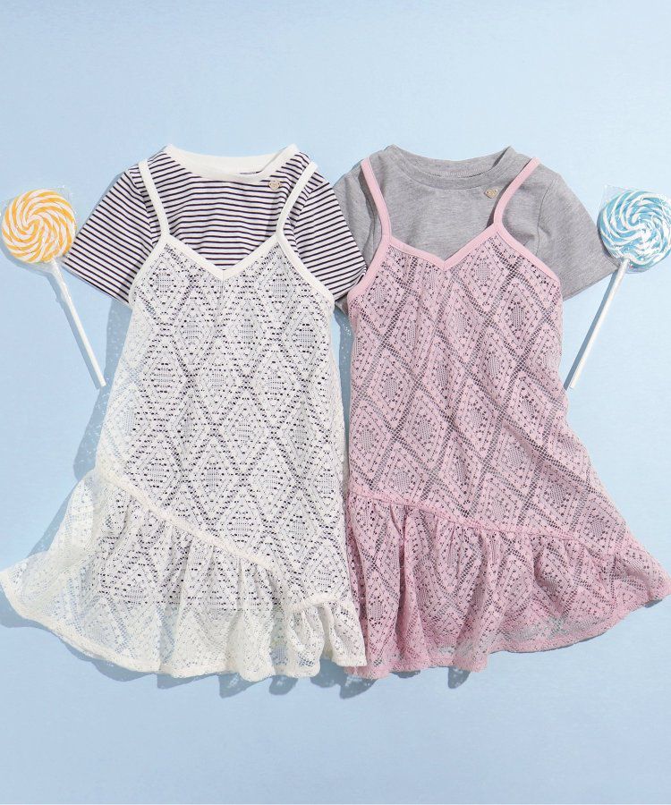 日本 apres les cours - 優雅蕾絲細肩帶洋裝(2件式)-條紋x白