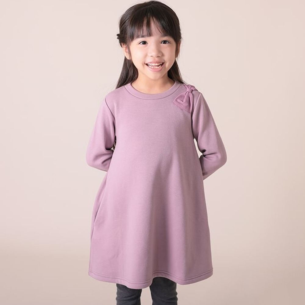 日本 TORIDORY - 極暖裏起毛長袖洋裝-單肩蝴蝶結-灰紫