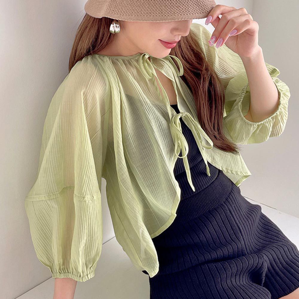 日本 GRL - 雙扭結泡泡袖透膚罩衫-嫩綠 (F)