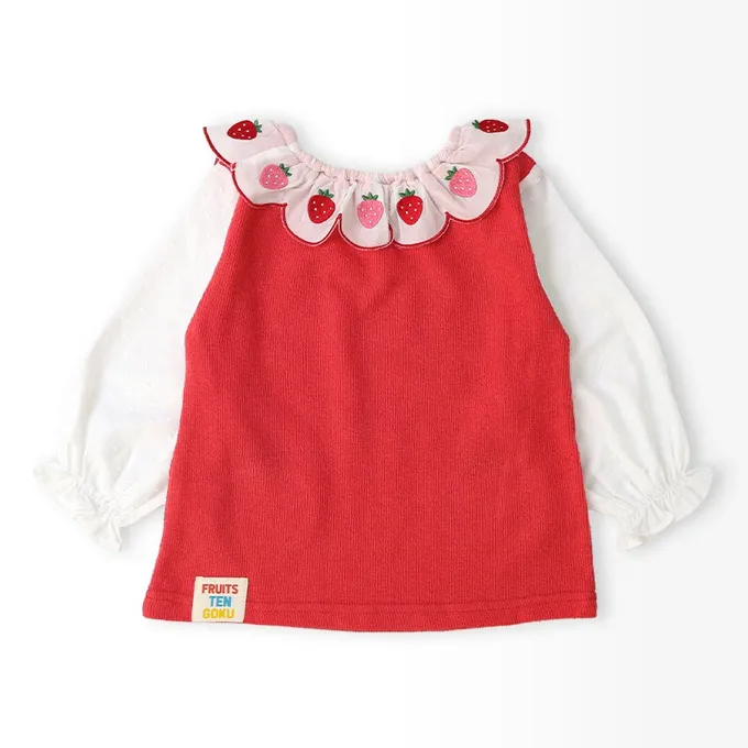 日本 ZOOLAND - 水果樂園 甜心草莓荷葉領長袖上衣-粉紅