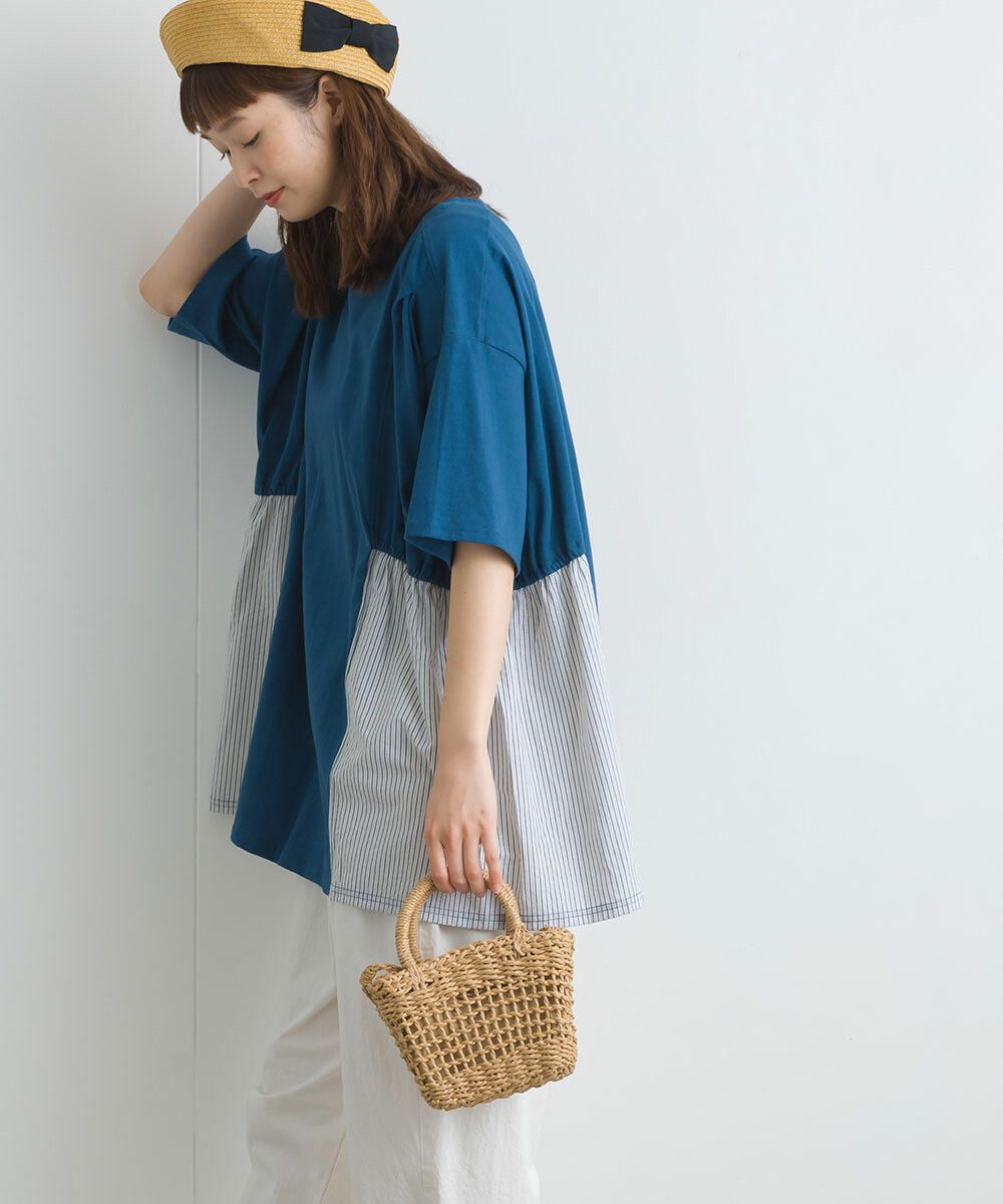 日本女裝代購 - 16支天竺棉拼接五分袖上衣-米白