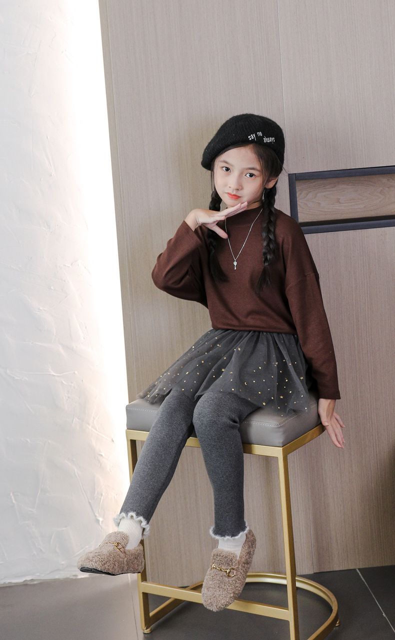 FANMOU - 加絨網紗亮片褲裙-星星月亮-灰色