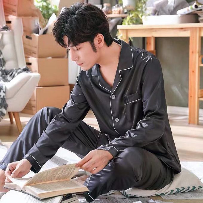 男士冰絲長袖家居服/睡衣套裝-緞面-深藍色