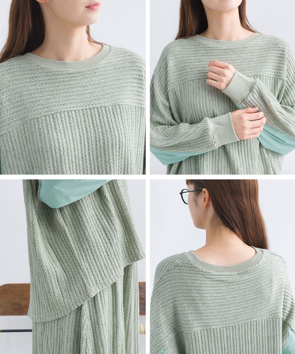 日本女裝代購 - 拼接撞色寬袖麻花針織上衣-灰