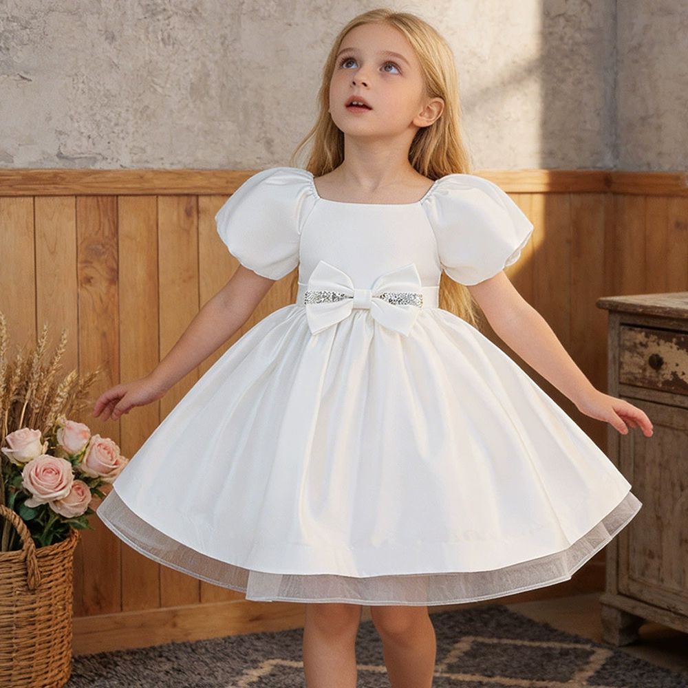 雲朵澎袖珠飾緞面禮服-白色